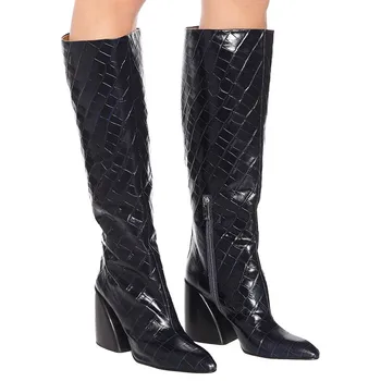 

Plus size 35-46 New cowboy western boots women thick high heels pointed toe autumn winter knee high boots fashion shoes