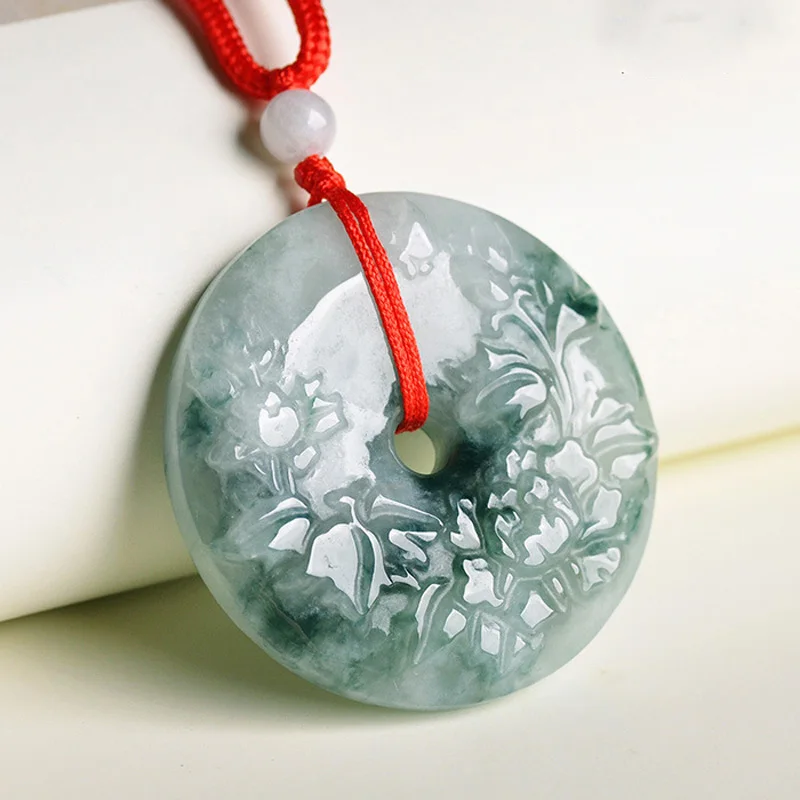 

Natural Jadeite A Grade Jade Pendant Necklace Carved Carving flower donuts Pendant Gift for women Jade Jewelry Free Rope