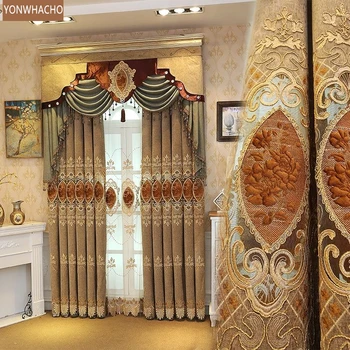 

Custom curtains luxury villa high window shading chenille embroidery coffee cloth blackout curtain tulle valance drape B587