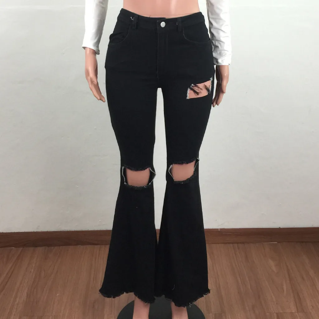 Fashion Women Big Flare Jeans High Waist Sexy Wide Leg Denim Pants Female Casual Stretchy Long Trousers Slim Hole Bellbottoms