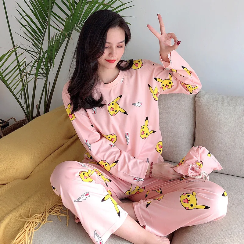 

Cloth Bag Pajamas South Korea Autumn New Style Cartoon Three-piece Set Pajamas Women Tracksuit (Pajamas + Pajama Pants + Cloth B