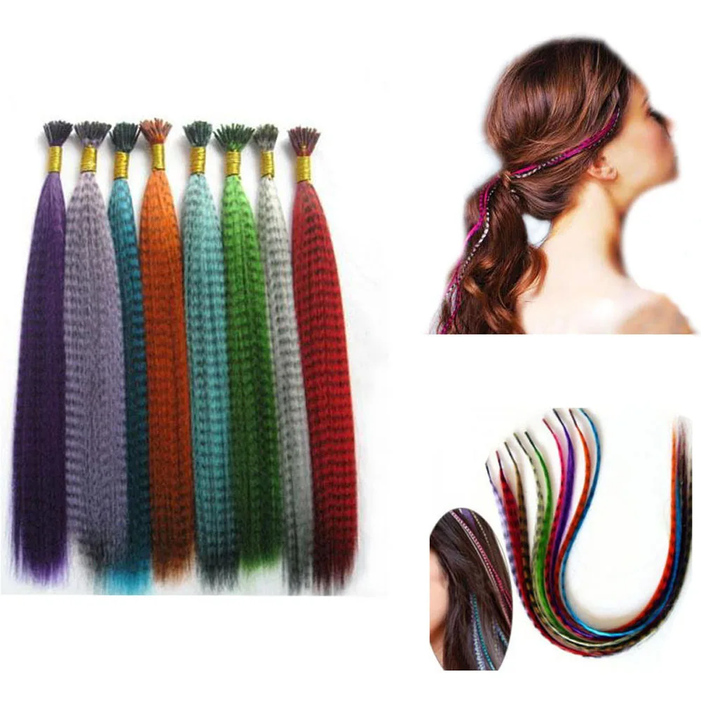 10PCS Long Rainbow Colors Feather Hair Extensions + 20PCS Silicone Beads for Professional Salon Party Night Club Random Colors