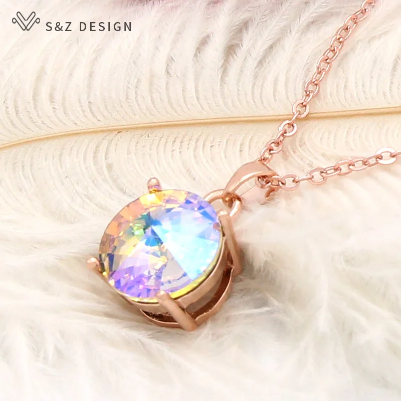 S&Z DESIGN New Fashion Simple Large Round Crystal Pendant Necklace 585 Rose Gold Color Chain For Women Wedding Jewelry