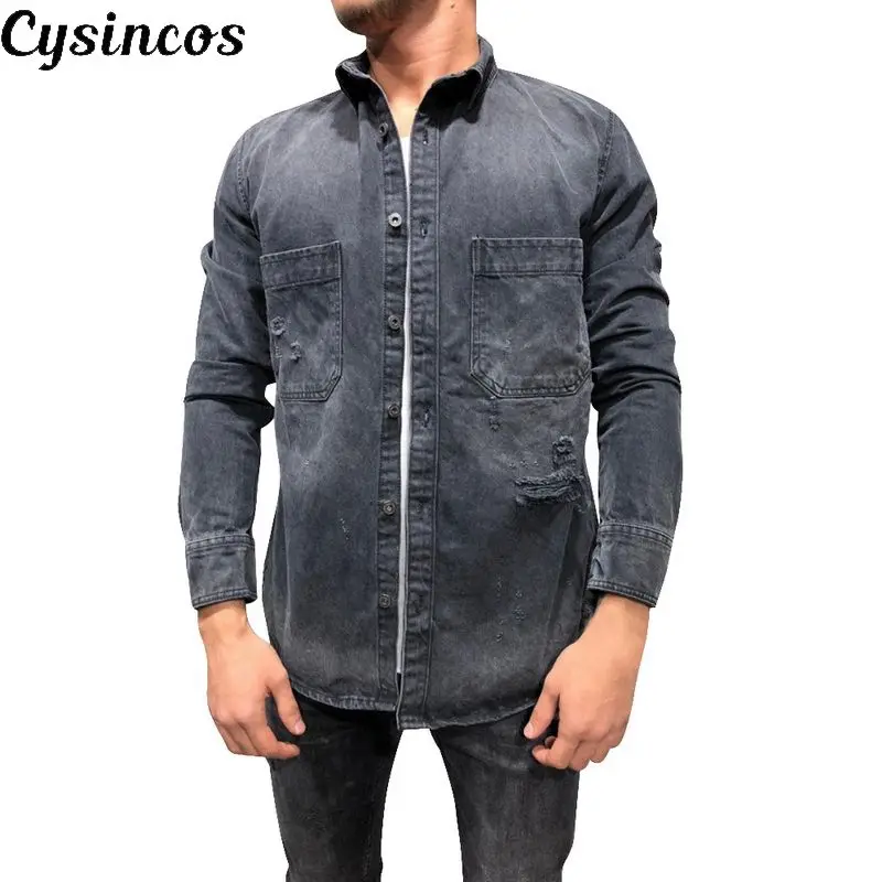 CYSINCOS Новинка осени Мужская джинсовая куртка модная рваные верхняя одежда