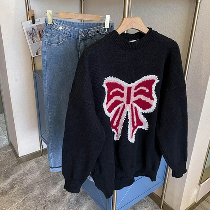 

Fresh Korean Pullover Women's 2021 New Autumn Korean Style Loose Bow Beading Embroidery Versatile Knitted Top