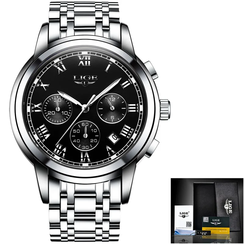 silver black S Reloj Hombre LIGE водонепроницаемые мужские s часы лучший бренд класса люкс спортивные часы для мужчин модные повседневные кожаные кварцевые часы+ коробка - Цвет: silver black S