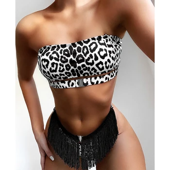 

Sexy Tassel Bikini Push Up Bandeau Swimwear Female 2020 Leopard Swimsuit Women Bikinis Set Summer Beachwear Thong Bathing Suit