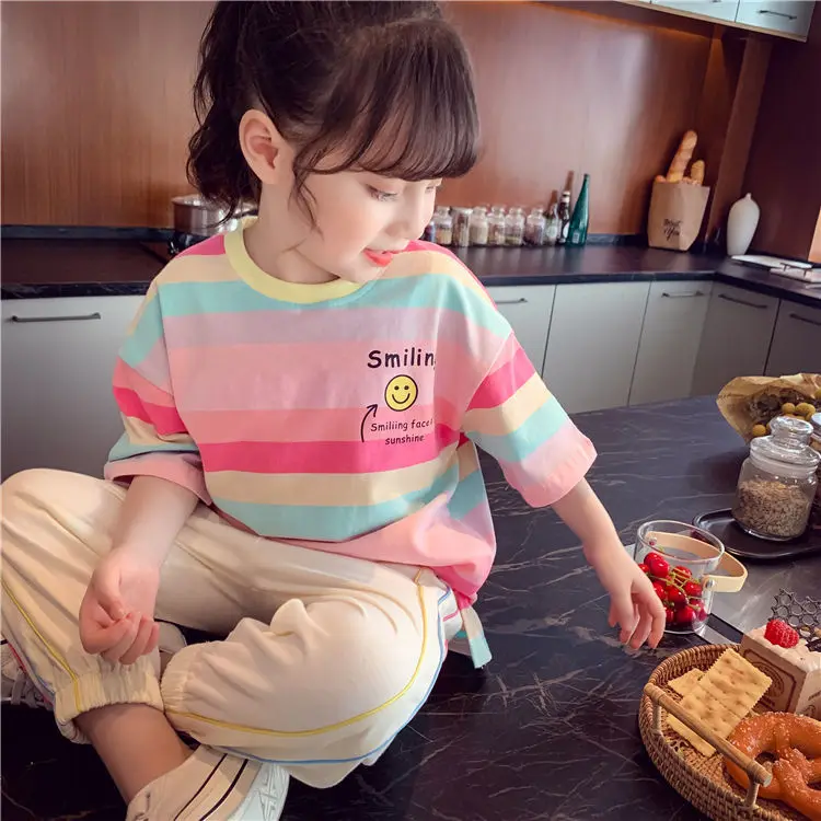 supreme shirt Girls short sleeve T-shirt summer smile face children's leisure half sleeve cotton t-shirts children's striped tees P5156 vintage t shirts