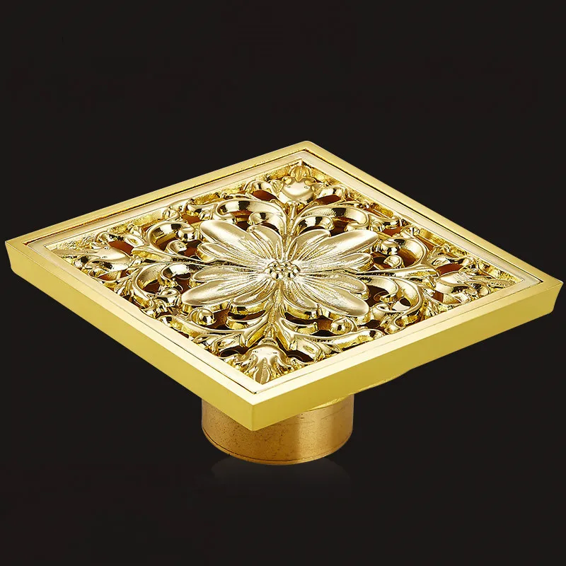

ZGRK Drains 10x10cm Square Gold Brass Bath Shower Drain Strainer Floor Cover Balcony Bathroom Anti Odor Floor Drain