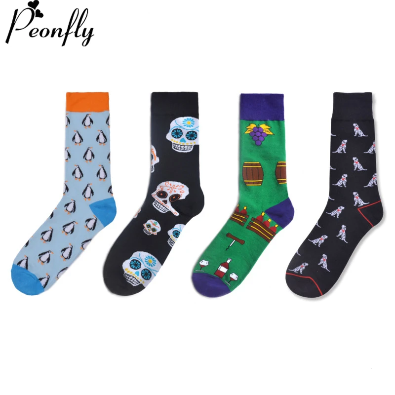 

PEONFLY Novelty 2019 Men Socks Funny Cartoon Penguin Dog Printed Happy Socks Comfort Skateboard Causal Wedding Socks