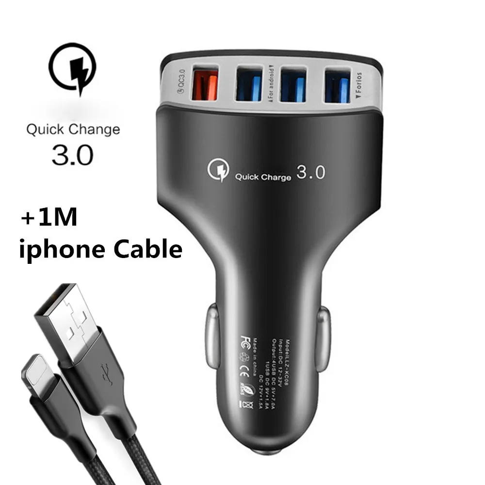 Black ip Cable 4 порта Переходник USB для зарядки в машине с кабелем Универсальный QC3.0 автомобильное зарядное устройство мобильный телефон автомобильное зарядное устройство для iPhone samsung Xiaomi huawei - Тип штекера: Black ip Cable