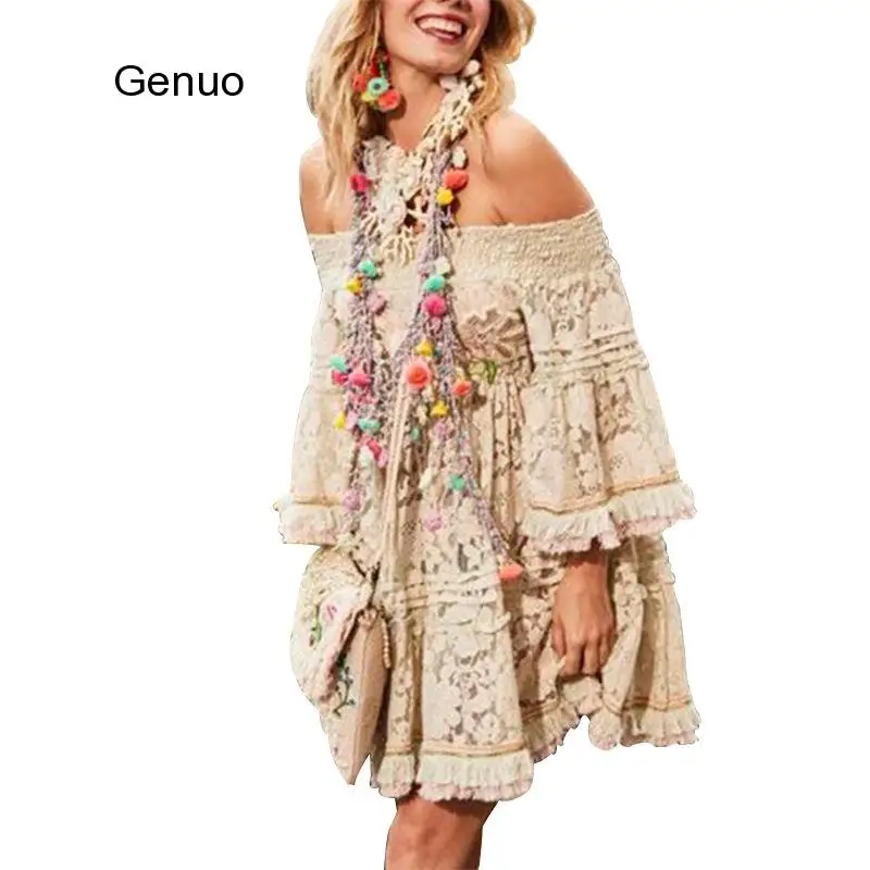 

Women Dress 2020 Autumn New bohemian Off-Shoulder Loose Elegant Lace Dress flare sleeve tassel dresses femme vestido