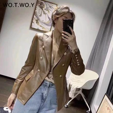 Женское пальто из искусственной кожи для офиса WOTWOY, пуговицы, карманы, отложной воротник, женские куртки, модная женская одежда