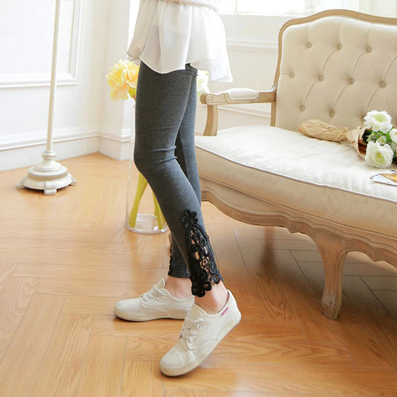 

2018 New Spring and Autumn Women Side Lace Fashion Hallow Out Floral Lace Lady Navy Blue Black Gray Leggings