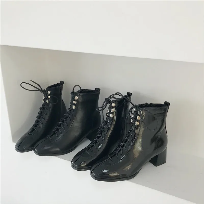 

High Heel Boots Women's Shoes Autumn Zipper Rivets Booties Ladies Lace Up Bootee Woman 2019 Luxury Designer Chelsea Heels