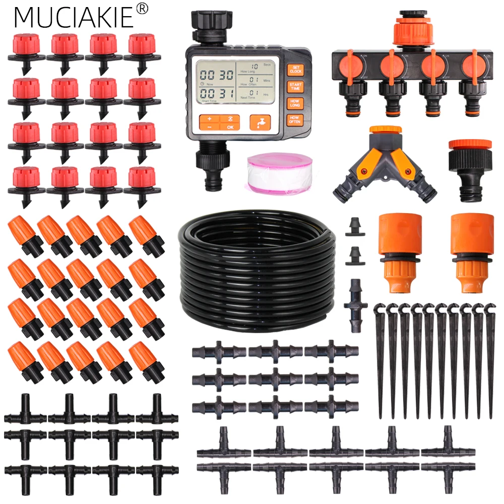 

MUCIAKIE 50-5M Автоматическая садовая микро-Оросительная Система полива с новым ЖК-таймером 2 в 1 капельная Распылительная насадка Регулируемая во дворе