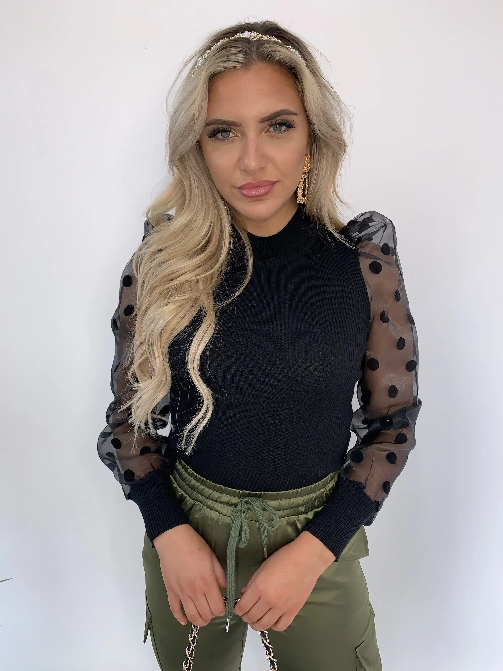 Women Spring Mesh Puff Long Sleeve Ribbed Knitted Shirt Loose Casual Polka Dots Blouse Tops Elegant Turtleneck Party Clubwear