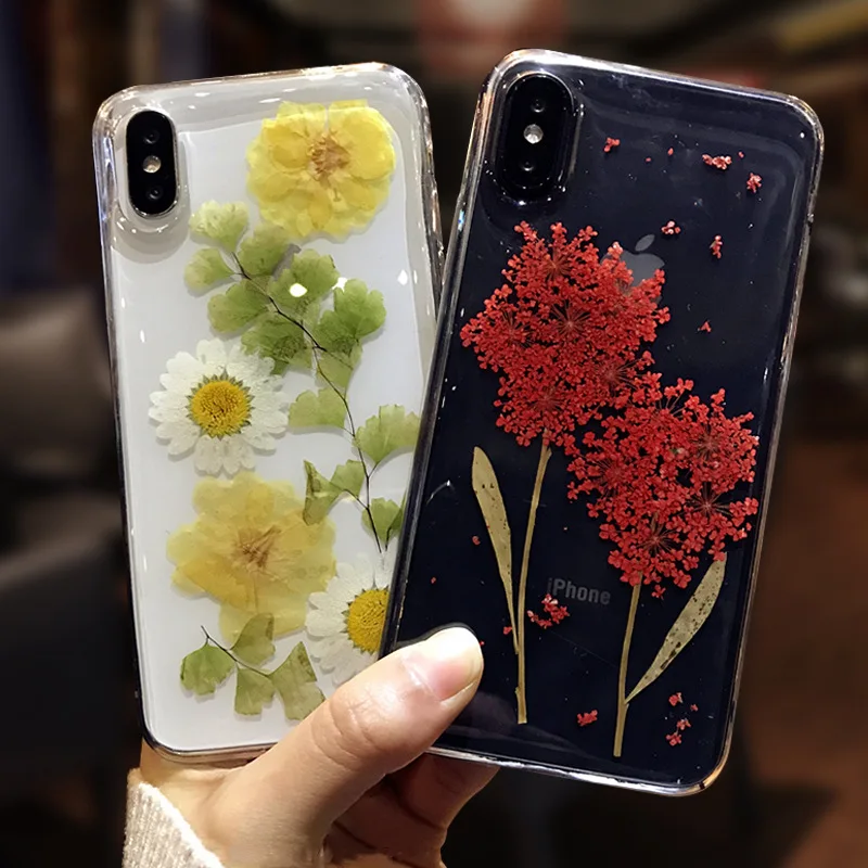 Real Dried Flowers TPU Case For iPhone X 8 Plus Handsome Transparent Pressed Back Cover for 11 Pro Max Silicone |