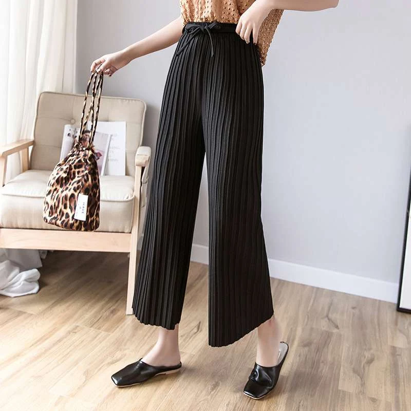 

Hot Women Summer Straight Pants Placket Solid Color Pleated Loose Wide Leg Loose Elastic High Waist Straight Casual Pants