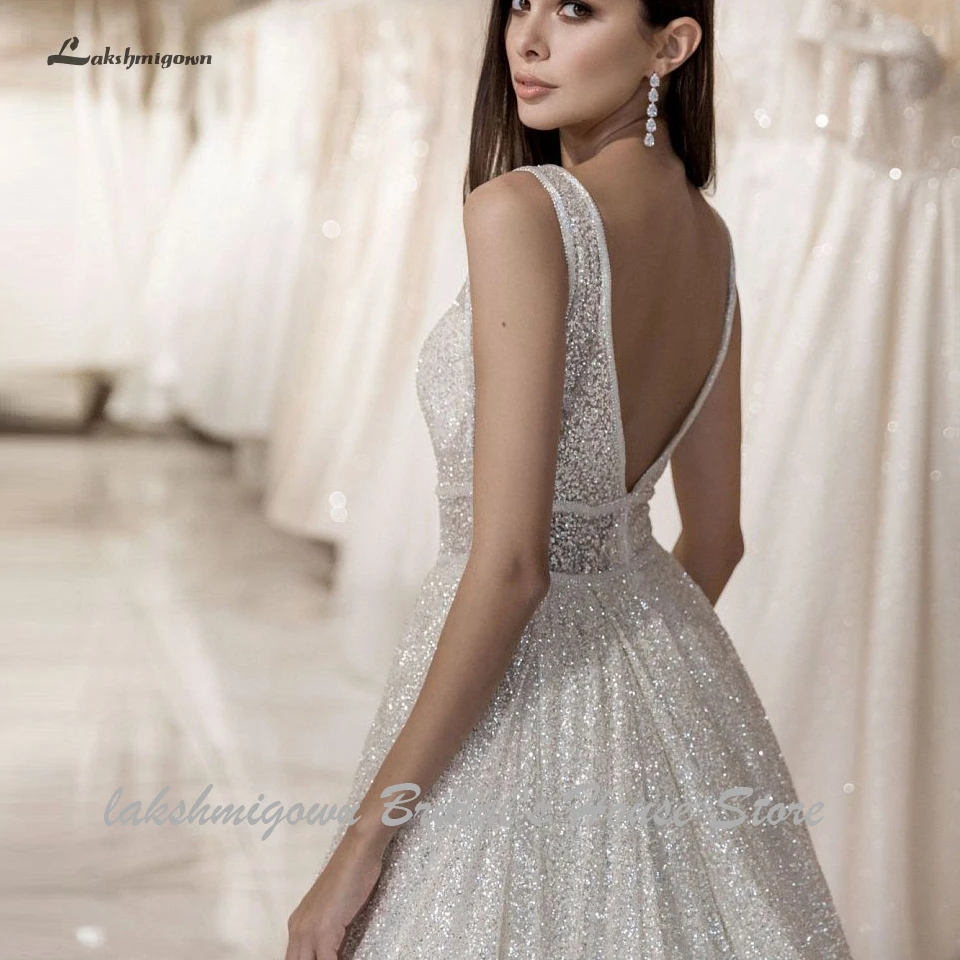 Lakshmigown Bling Bling Open Back A Line Wedding Dress 2024 Vestidos de Novia Sexy Bridal Gown Plunging Wedding Gowns Customized 2