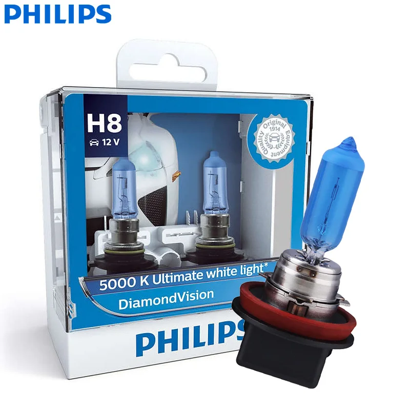 Philips Diamond Vision H1 H4 H7 H8 H11 9005 9006 HB3 HB4 12V DV 5000K холодный белый светодиодный светильник автомобильные галогенные лампы головного светильник противотуманная фара, 2X - Испускаемый цвет: H8