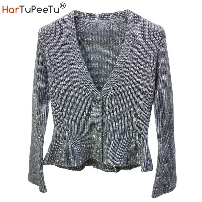 

Sweater Cardigan Women Slim Fit Elegant Knit Sweater Coat Ruffle Hem Flare Sleeve Inlaid Silver Thread Lazy Style Casual Outwear