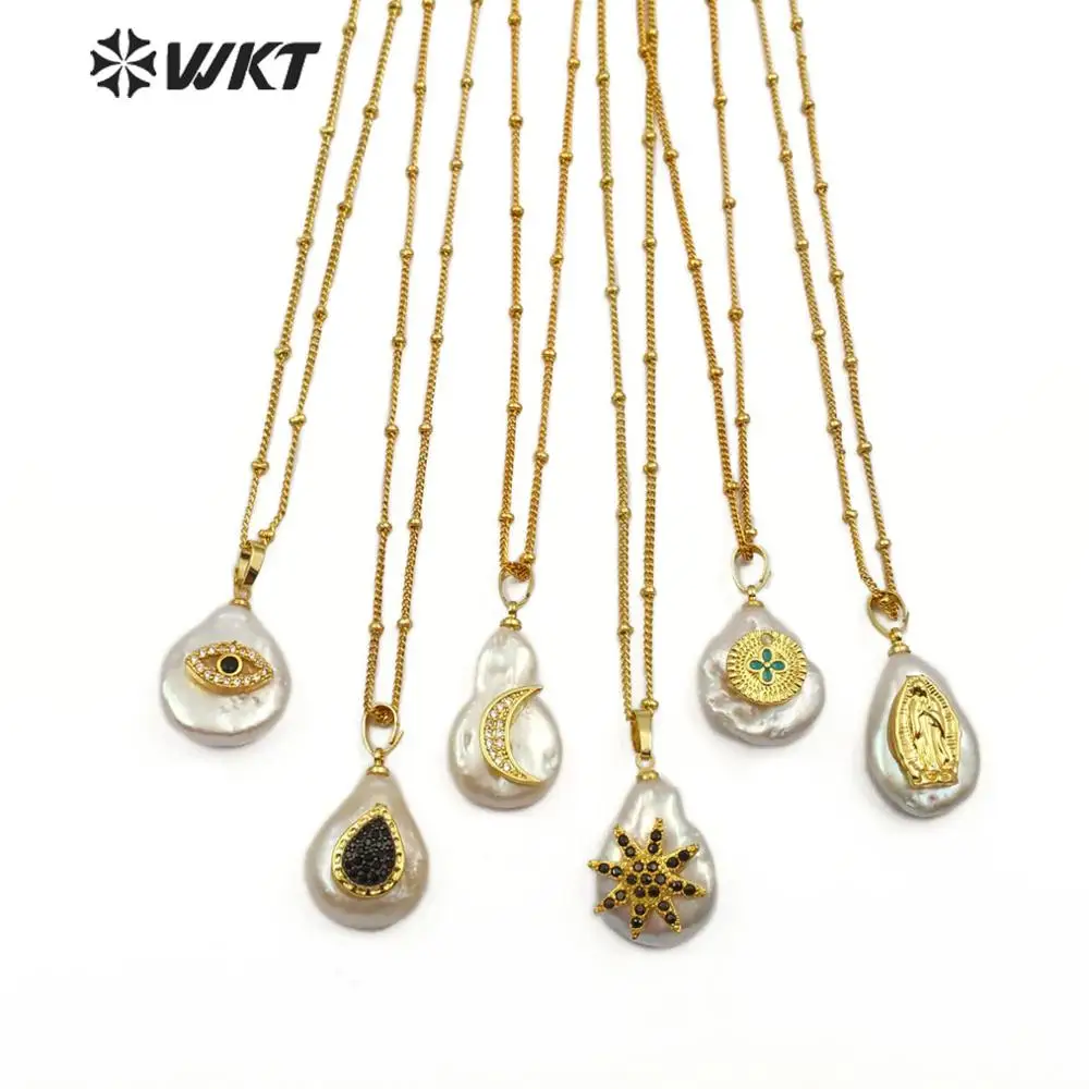 

WT-MN954 Natural Freshwater Pearl&CZ Pave Necklace Irregular shape With Star shape Four-leaf clover Evil Eye crescent Necklace