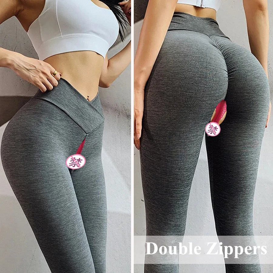 Secret Pants Zipper Outdoor Public Sex Leggings Sexy Open Croch Crotchless Tights Push Up Fitness High Waist Trousers Clothes - Exotic Pants image