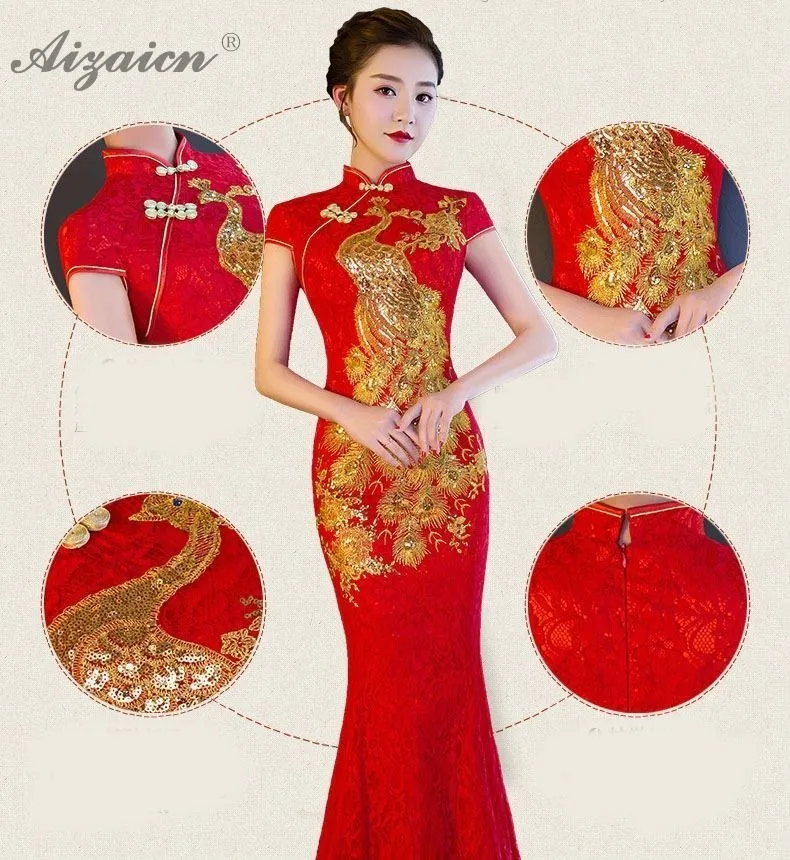 Красный Русалка феникс вышивка Cheongsam современная мода блестками и длинными Qi Pao Для женщин Китайский традиционный свадебный платье