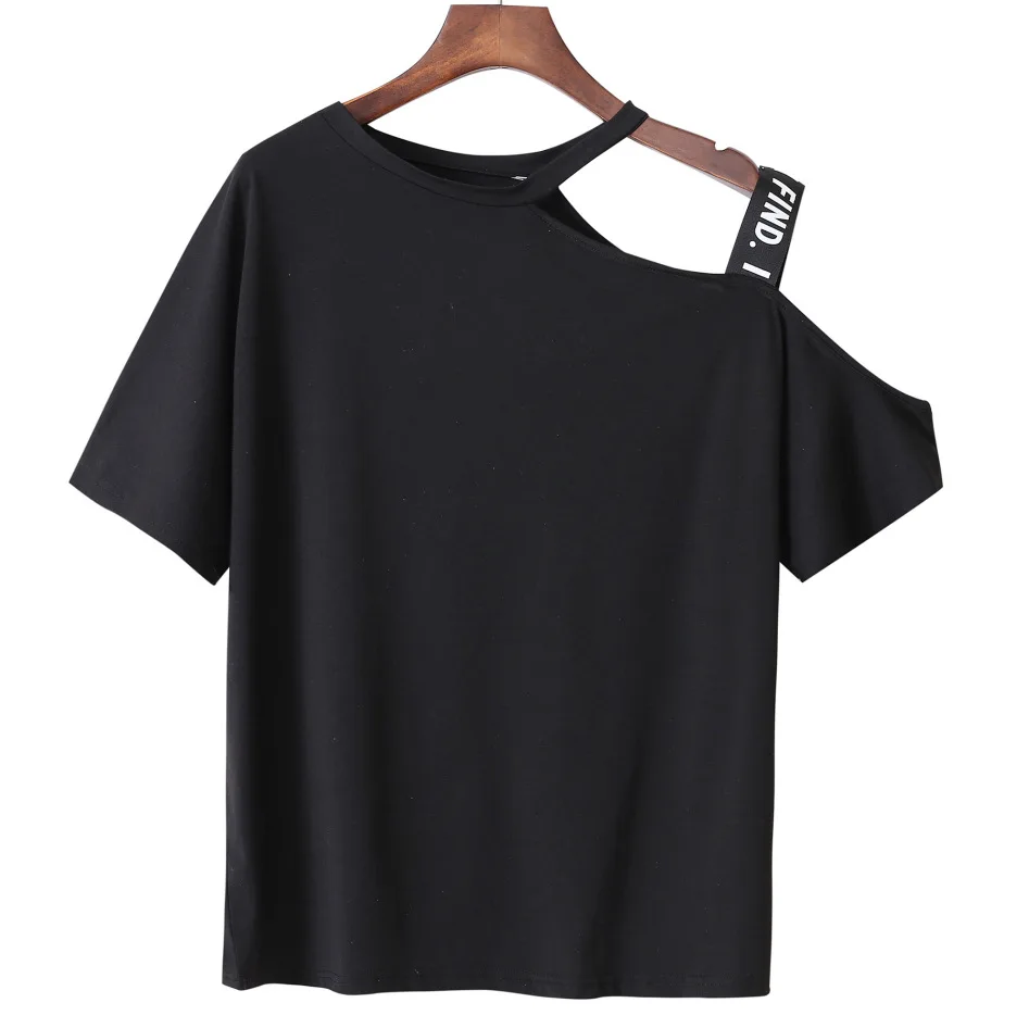 

2019 Summer Europe And America New Style Ribbon Printed T-shirt off-Shoulder Short-sleeved Top
