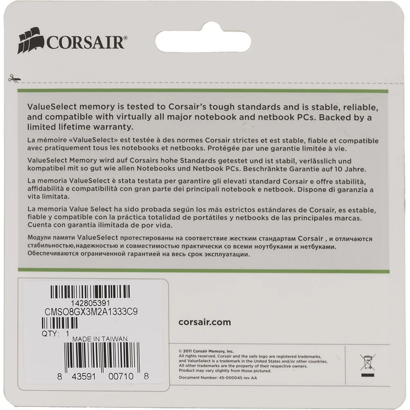 Память DDR3 2x4Gb 1333MHz Corsair CMSO8GX3M2A1333C9 RTL PC3-10600 CL9 SO-DIMM 204-pin 1.5В