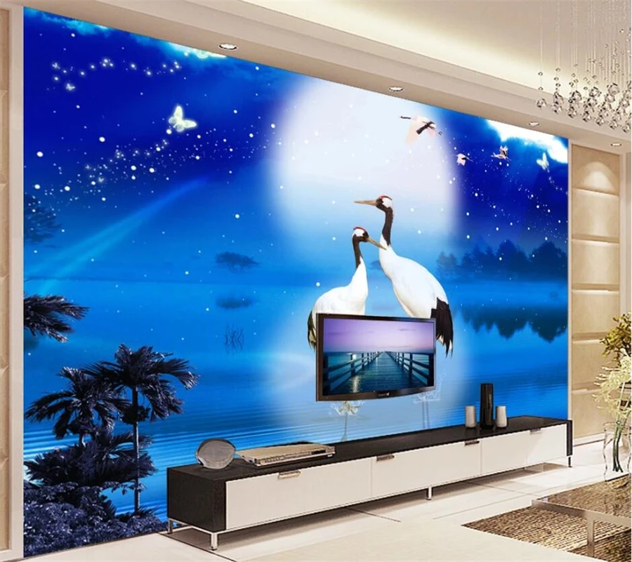 Wellyu пользовательские обои 3d Фреска dreamy blue night sky moon crane Гостиная ТВ фон настенная
