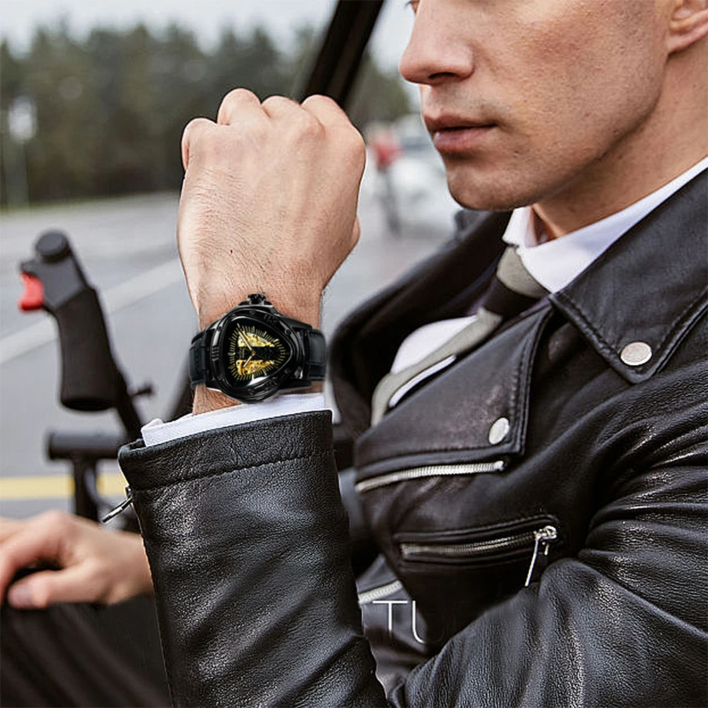 Triangle Military Wrist Watches for Men Mechanical Skeleton Watch Leather Belt WINNER
