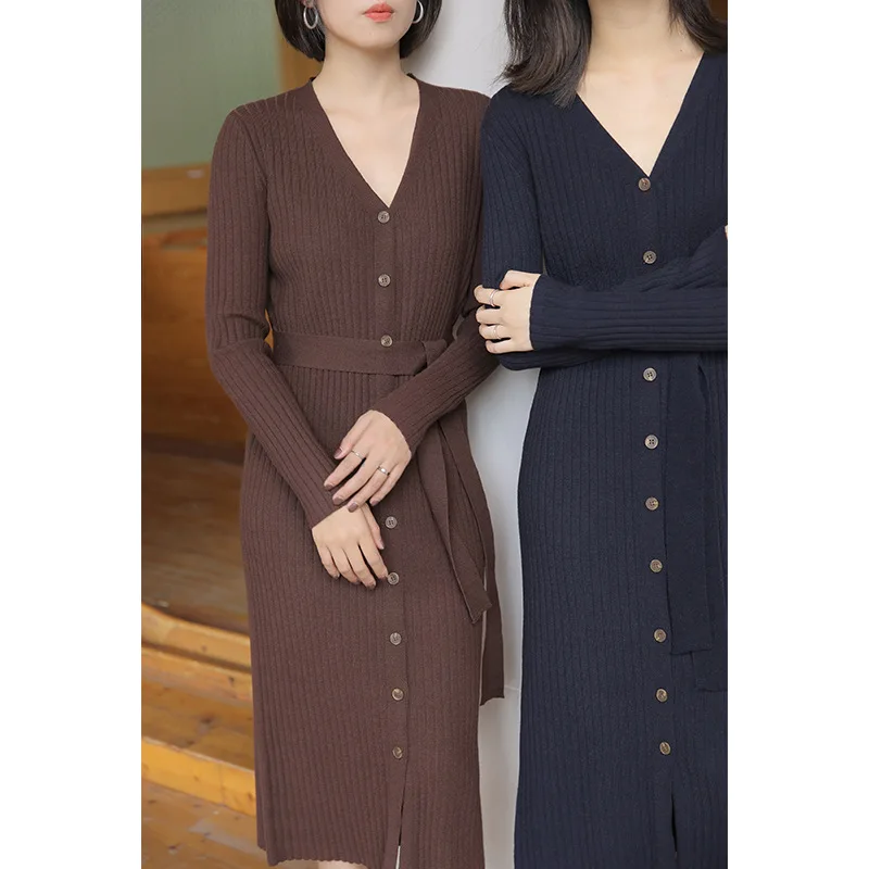 

Long Cardigan Sweater Dress Women V Neck Ribbed Cardigan Dress Knitted Tie Waist
