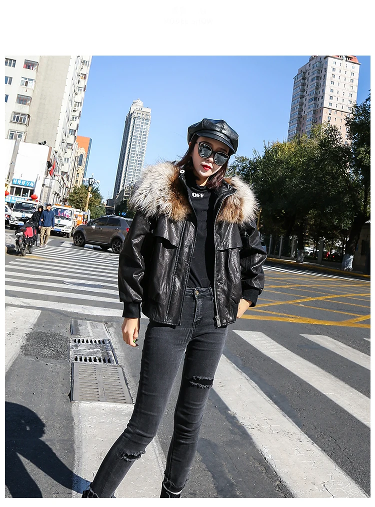 Genuine Leather Jacket Real Raccoon Fur Collar Drop Shoulder Bishop Sleeve Sheepskin Coat Women Winter Casual Oversized Outwear