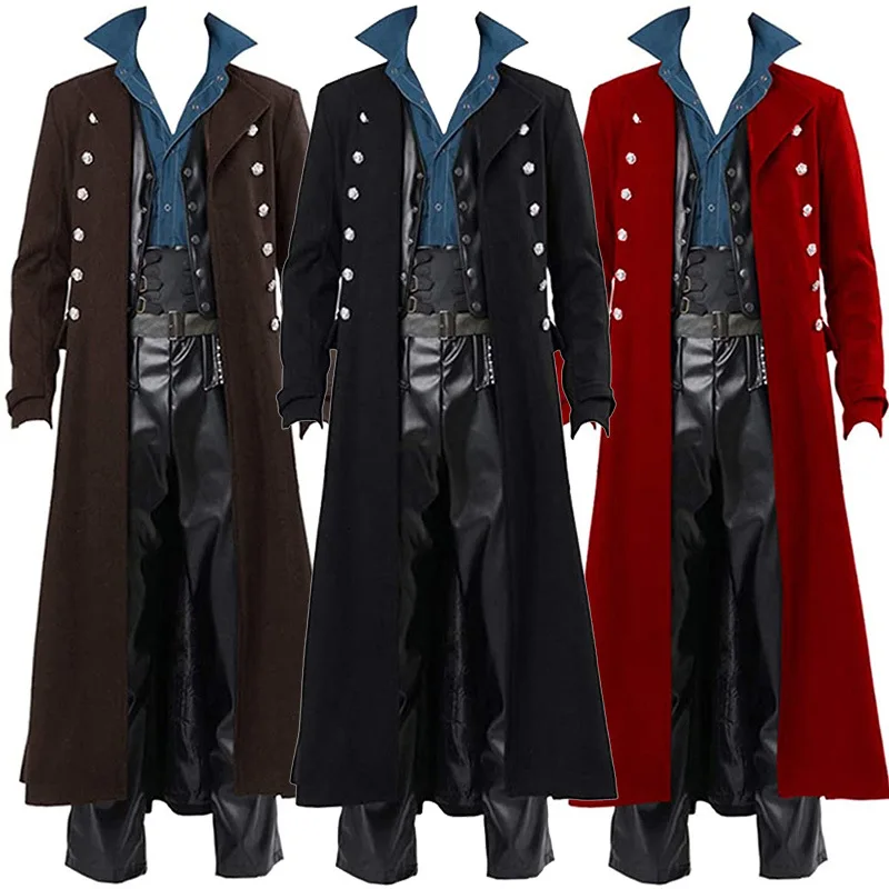 2021 Vintage Medieval Costumes Steampunk Gothic Black Long Jacket Coat