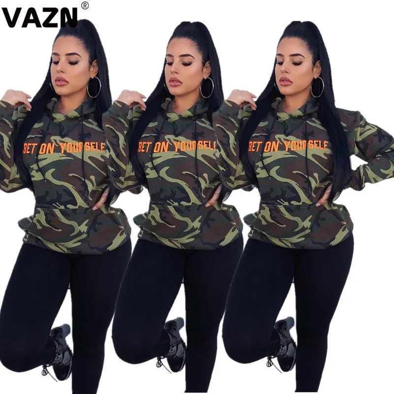 VAZN, камуфляжная расцветка, Новинка осени, Повседневная Толстовка, женская, полный рукав, с капюшоном, толстовка, женская, с открытыми плечами, короткая, толстовка