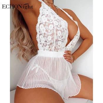

Echonight Deep-v Neck Women's Pajamas Lace Sleepwear Bodysuit Transparent Floral Embroidery Pajama Sexy Backless Sleepwear
