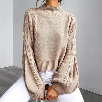 

Knitting Argyle Casual Women's Sweater Turtleneck Lantern Sleeve Pullovers Autumn Sweaters Female 2020 Fashion Jumpers Baggy