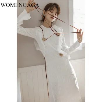 

Korea White Pleated Long Midi Dress Ruffle Flower Patch Designer Autumn Dress Women Long Sleeve Fashion Korean Clothes OHVZ