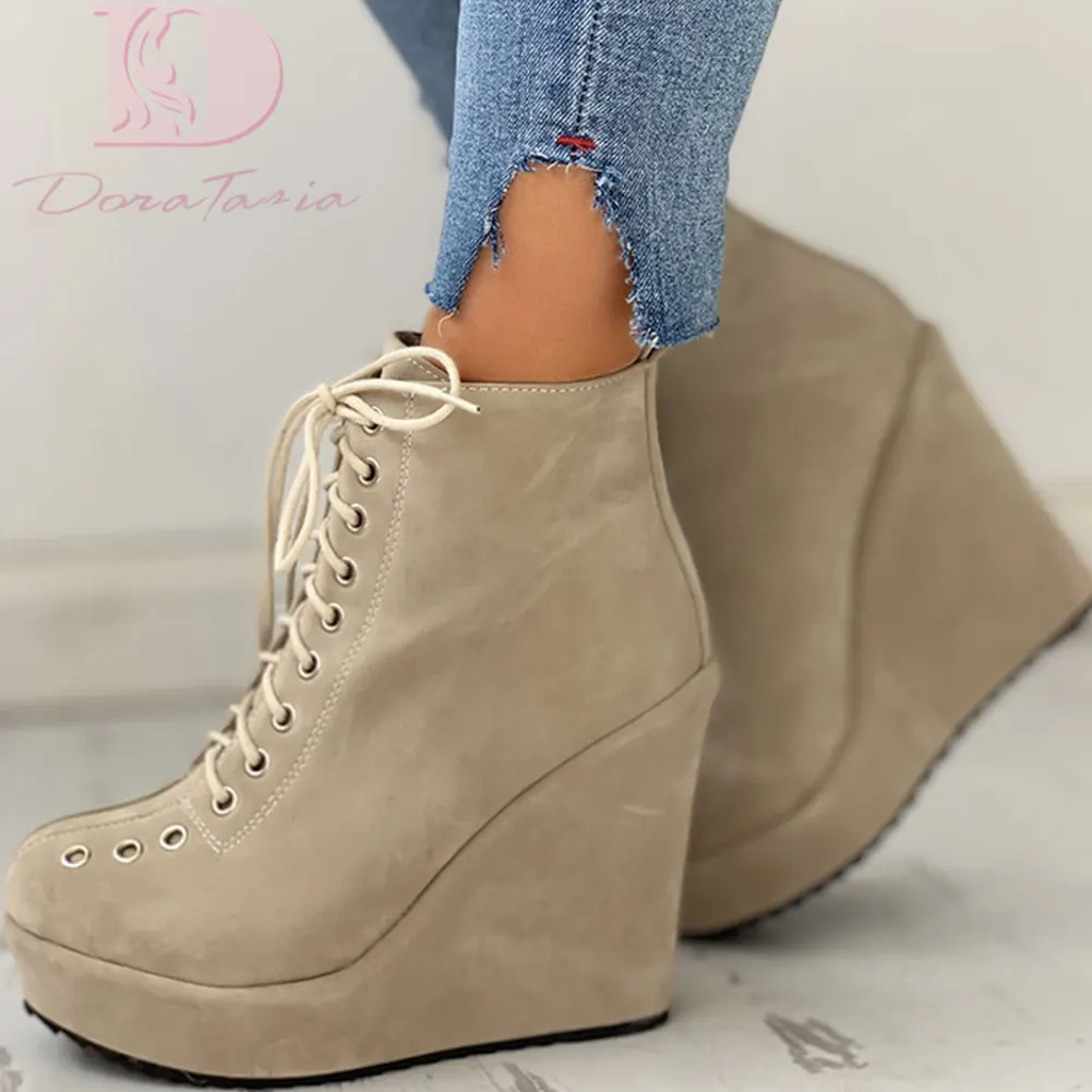 

Doratasia 2020 large size 43 wedges high heels ankle boots woman shoes shoelaces autumn winter boots women shoes female