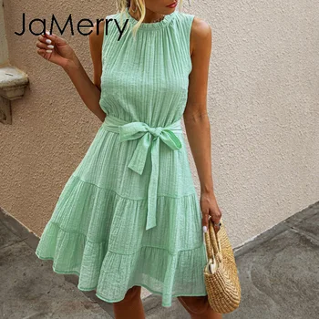 

JaMerry Summer sleeveless sexy dress Solid ruched high waist summer dress casual ruffled cotton chic plus size dress 2020