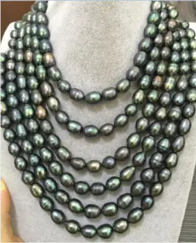 

12-13 mm natural freshwater black green pearl necklace 60 inch 925silver yellow gold