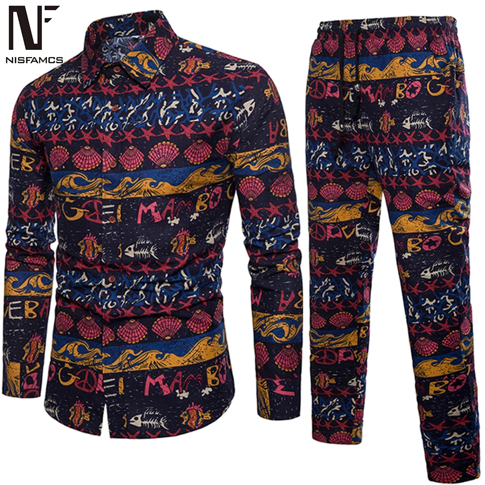 Set D Гавайский комплект 5XL, цветочные мужские вечерние костюмы для фитнеса, винтажный спортивный костюм размера плюс, рубашка с длинным рукавом+ штаны с цветочным принтом, уличная одежда - Color: Set D