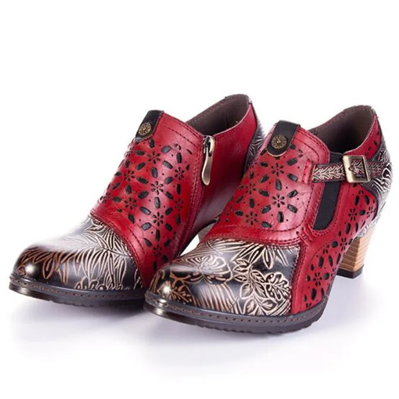 

Retro Genuine Leather Embossed Pattern Splicing Folkways Craft Cloth Women Ankle Boots 6CM Thick High heel printing Women Shoes