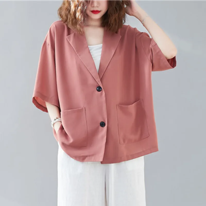 

[EWQ] 2020 Spring Summer Large Size Notched Half Sleeve Solid Patchwork Single Breasted Casual Suit Coat Women Blazers 3AJ404