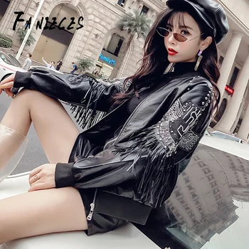 

PU leather women clothing female autumn winter new jacket Korean stlye loose embroidery locomotive streetwear tassel short coat