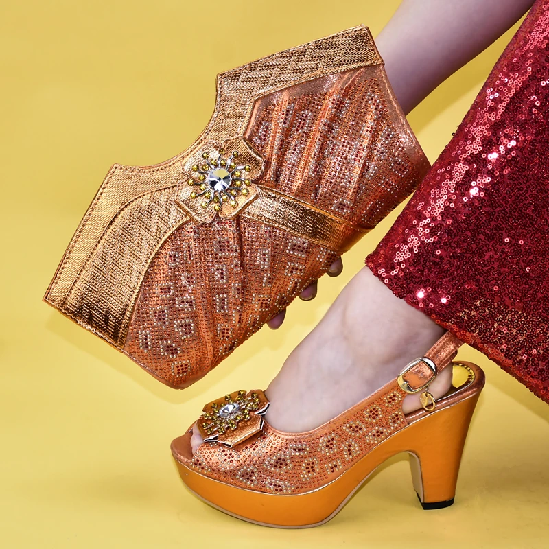 Новое поступление; комплект из итальянских туфель и сумочки в африканском стиле; большие размеры; женские Вечерние туфли на каблуке и сумочка в африканском стиле - Цвет: Оранжевый
