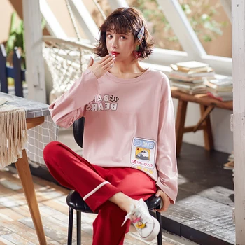 

Spring autumn cotton pajamas for women casual O-neck sleepwear set print ladies home clothes loose night wear pijamas sets