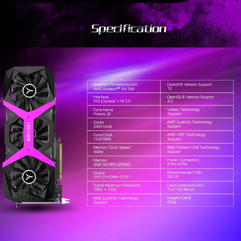 Yeston Radeon RX 590 GPU 8GB GDDR5 256bit Gaming Desktop computer PC Video Graphics Cards support D
